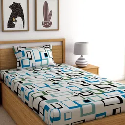 Home Ecstasy Blue & White Geometric 140 TC Cotton 1 Single Bedsheet with 1 Pillow Cover-picture-11