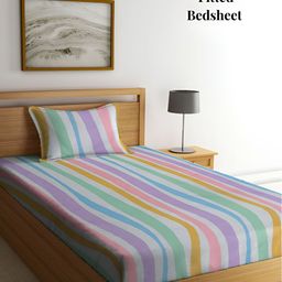 Arrabi Blue & Purple Striped 300 TC Single Bedsheet with Pillow Cover-picture-1