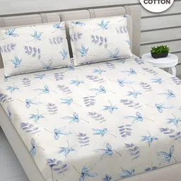 FABINALIV Blue & White Floral 300 TC Cotton King Bedsheet With 2 Pillow Covers-picture-11
