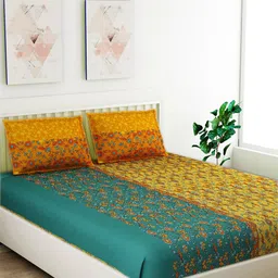 Salona Bichona Yellow & Green Floral 120 TC Cotton 1 Queen Bedsheet with 2 Pillow Covers-picture-39