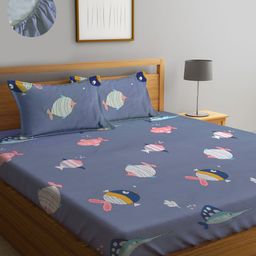 KLOTTHE Grey & Pink Cartoon Characters 300 TC Fitted King Bedsheet with 2 Pillow Covers-picture-29