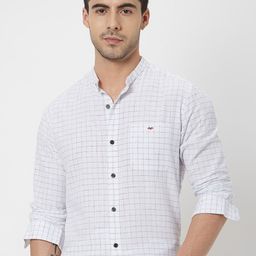 Mufti Slim Fit Grid Tattersall Checks Mandarin Collar Long Sleeve Cotton Casual Shirt-picture-3
