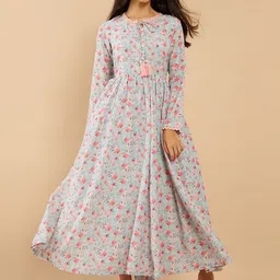 Soch Women Grey & Pink Floral Printed Anarkali Muslin Kurta-picture-22