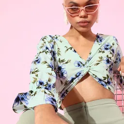 Berrylush Women Enchanting Sea Green Floral Bell Sleeves Top-picture-37