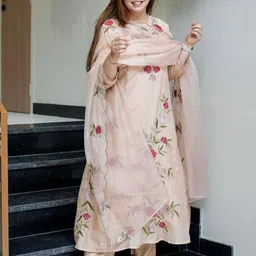 VASTRAHUT Ethnic Motifs Embroidered Flared Kurta With Trousers & Dupatta image 3