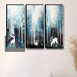 Aura Black & Blue 3 Pieces White Deer & Trees Wooden Wall Art-image-70