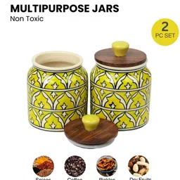 vareesha Yellow Jodhpuri Hand Painted Ceramic Jar with Wooden Lid Set of 2 image 5