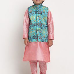 Benstoke Boys Pink Floral Printed Kurta with Churidar and Nehru Jacket-picture-32