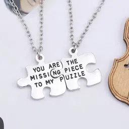 OOMPH Set Of 2 Piece Silver-Toned Jigsaw Puzzle Couple Pendant Set image 1