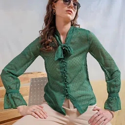 Freehand by The Indian Garage Co Self Design Tie-Up Neck Bell Sleeve Top-image-35