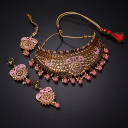 ANIKAS CREATION Gold-Plated Beige & Pink Kundan-Studded Enamelled Bridal Look Choker Jewellery Set-picture-22