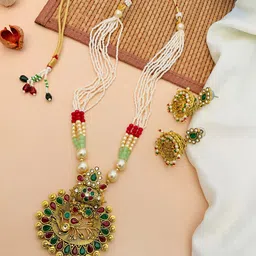 ABDESIGNS Gold-Plated Kundan-Studded & Beaded Meenakari Jewellery Set-image-85