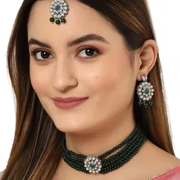 KARATCART Silver-Plated & Green Kundan-Studded Oxidized Jewellery Set-picture-22