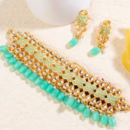 AccessHer Mint Green Gold-Plated Kundan-Studded & Beaded Jewellery Set-picture-40