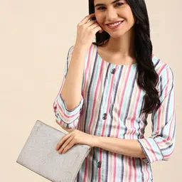 SHOWOFF Women Navy Blue & Pink Printed Pastels Kurta-picture-23