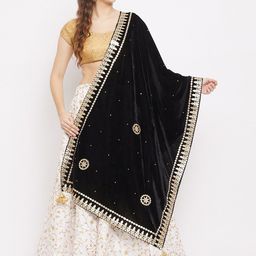 Clora Creation Black & Gold-Toned Ethnic Motifs Embroidered Velvet Dupatta with Gotta Patti-picture-25