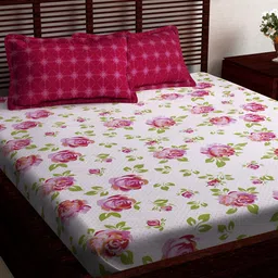 Story@home Pink White Floral Flat 186TC Cotton 1 Double Bedsheet with 2 Pillow Covers-picture-23