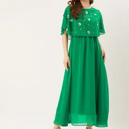 Slenor Women Green Solid Layered Maxi Dress with Embellished Detail-picture-13