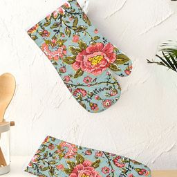Texstylers Green & Red 2 Pieces Floral Printed Cotton Padded Oven Gloves-picture-41