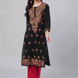 ADA Women Black & Pink Ethnic Motifs Embroidered Chikankari Handloom Kurta-picture-45