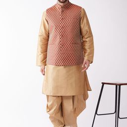 VASTRAMAY Mandarin Collar Regular Kurta with Dhoti Pants & Woven Design Nehru Jacket-picture-14