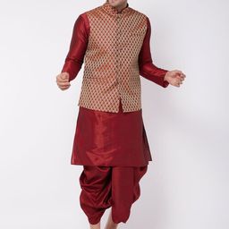 VASTRAMAY Mandarin Collar Regular Kurta With Dhoti Pants & Nehru Jacket-picture-2