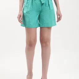 ELLE Women Green Solid Linen Shorts-image-41
