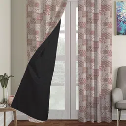 HOUZZCODE Cream-Coloured & Pink Set of 2 Black Out Long Door Curtains-picture-13