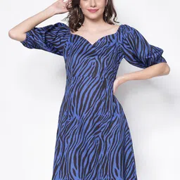 Sera Puffed Sleeves Sweetheart Neck Abstract Print A-Line Crepe Dress image 1