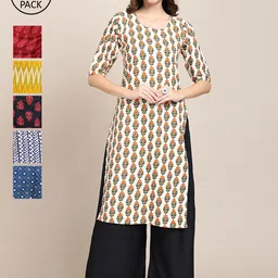 7Threads WomenPack of 6 Cream-Coloured & Red Ethnic Motifs Printed Crepe Kurta-picture-42