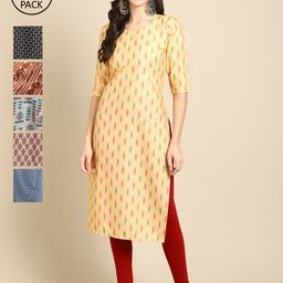 7Threads Women Pack of 6 Gold-Toned & Peach-Coloured Printed Crepe Kurta-picture-42