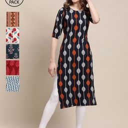 7Threads Women Pack of 6 Digital Printed Crepe Straight Kurtas-picture-11