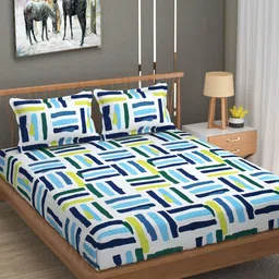 UrbanArts White & Blue Geometric 180 TC King Bedsheet with 2 Pillow Covers-image-44