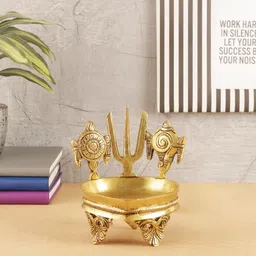 Two Moustaches Beige Shankh Chakra Namah Design Brass Diyas-image-87