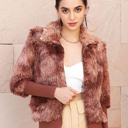 Campus Sutra Brown Windcheater Faux Fur Trim Detailed Tailored Jacket-picture-7