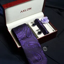AXLON Men Printed Tie Set With Pocket Square, Cufflink & Flower Pin-picture-23