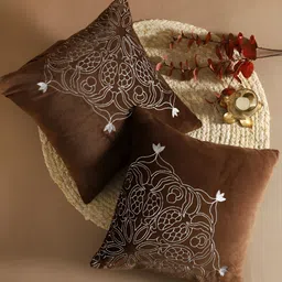 House of Pataudi Brown & white 2 Pieces Embroidered Velvet Cushion Covers-image-22