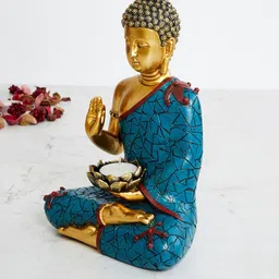 Home Centre Blue & Gold-Toned Buddha Figurine With Tea Light Holder Showpiece-image-29