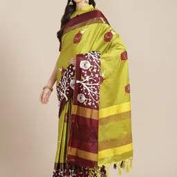 RAJGRANTH Lime Green & Maroon Ethnic Motifs Embroidered Silk Cotton Saree-image-82