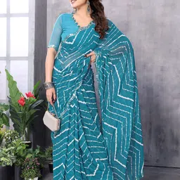 Ambuja International Striped Printed Mirror Work Saree image 1