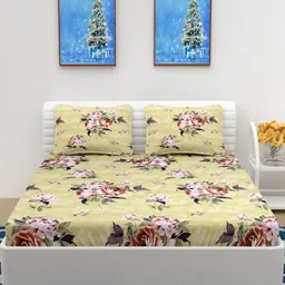 RIDHAAN Mustard & Pink Floral 300 TC Queen Bedsheet with 2 Pillow Covers-picture-20