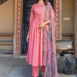 HOUSE OF JAMOTI Women Pink Solid Kurta with Trousers & With Dupatta-image-41