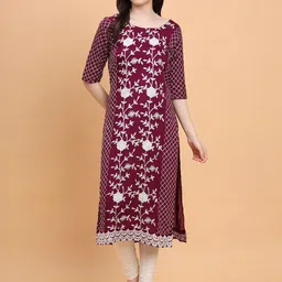 VAIRAGEE Women Magenta Geometric Printed Keyhole Neck Mirror Work Kurta-image-6