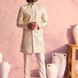 SHRESTHA BY VASTRAMAY Embellished Sequinned Mandarin Collar Sherwani Set-picture-31