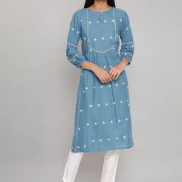 W Women Blue Geometric Embroidered Keyhole Neck Flared Sleeves Thread Work Kurta-picture-39
