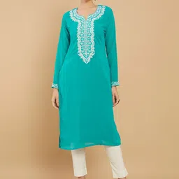 Soch Women Turquoise Blue & White Ethnic Motifs Yoke Design Thread Work Georgette Kurta-picture-36