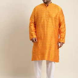 SOJANYA PLUS Men Orange & Silver Jacquard Woven Design Kurta-picture-0