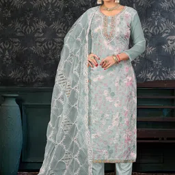 KALINI Sea Green & Sea Green Embroidered Organza Unstitched Dress Material-picture-33