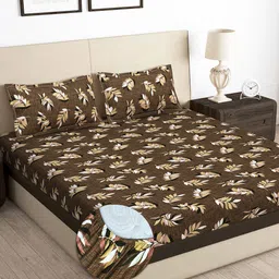 Story@home Arena Brown & White Floral 180 TC Fitted Queen Bedsheet With 2 Pillow Covers-picture-31