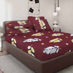 KLOTTHE Maroon & Yellow Floral Printed 300 TC Double King Bedsheet With 4 Pillow Covers-image-4